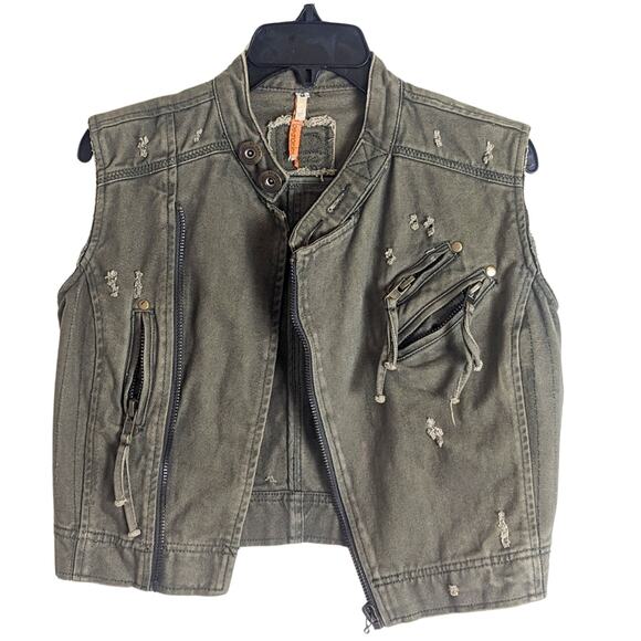 By Deep Army Green Cropped Moto Jacket Distressed Exposed Zipper Small/Medium - Picture 1 of 10